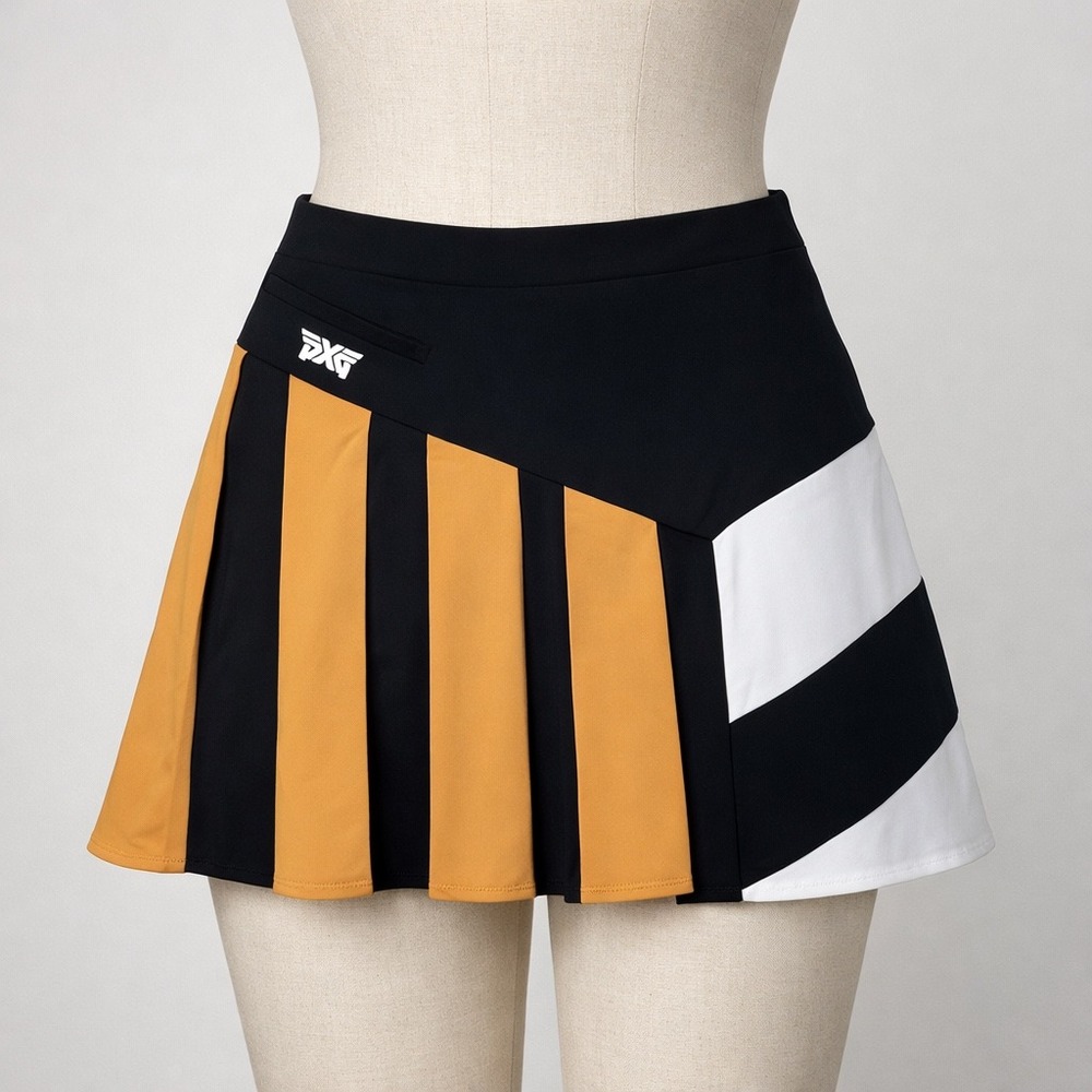 PXG Broken Stripe Pleated Golf Skort Black White Yellow Built-in Shorts Size S